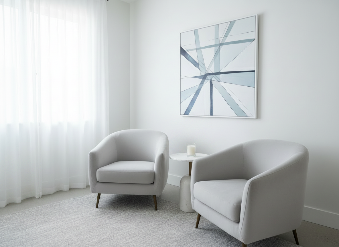 A beautifully designed, inviting therapy office interior. Two modern upholstered armchairs in light grey facing each other slightly, both fully visible. A small round side table with a candle. A medium window letting in soft natural light, fully visible, not cropped. Walls are clean white. One piece of minimalist abstract art on the wall. NO plants, NO greenery, NO leaves, NO botanicals of any kind anywhere in the room. Cool sophisticated palette only — icy blues, soft whites, light greys, muted slate. No warm browns, no wood tones, no beige, no orange, absolutely no green anywhere. The room feels safe, calm, professional, beautiful. Interior design magazine quality. Wide shot, nothing cropped.